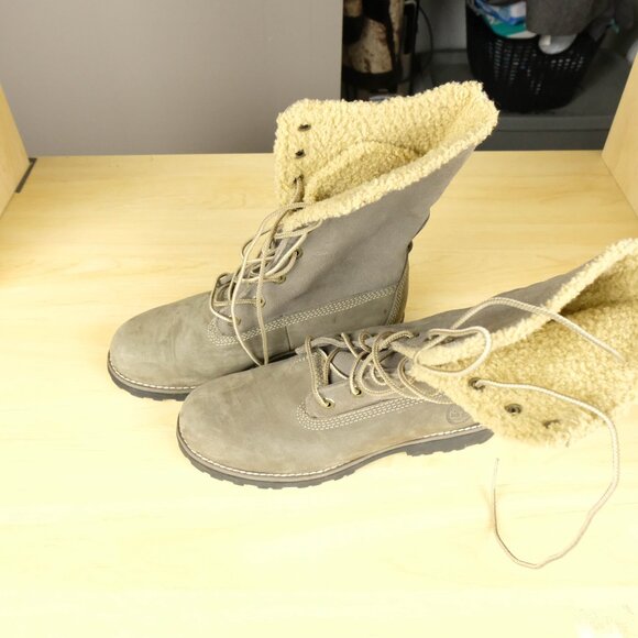 Timberland Boots Womens 4 Gray Green Suede Lace Up Fleece Lined - Picture 3 of 9